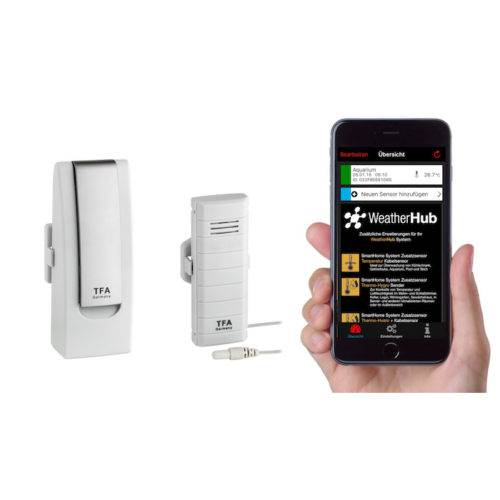 'WEATHERHUB' SmartHome System Klima- und Heimüberwachung mit dem Smartphone (iOS und Android) Starter-Set mit Temperatursender mit wasserfestem Kabelfühler